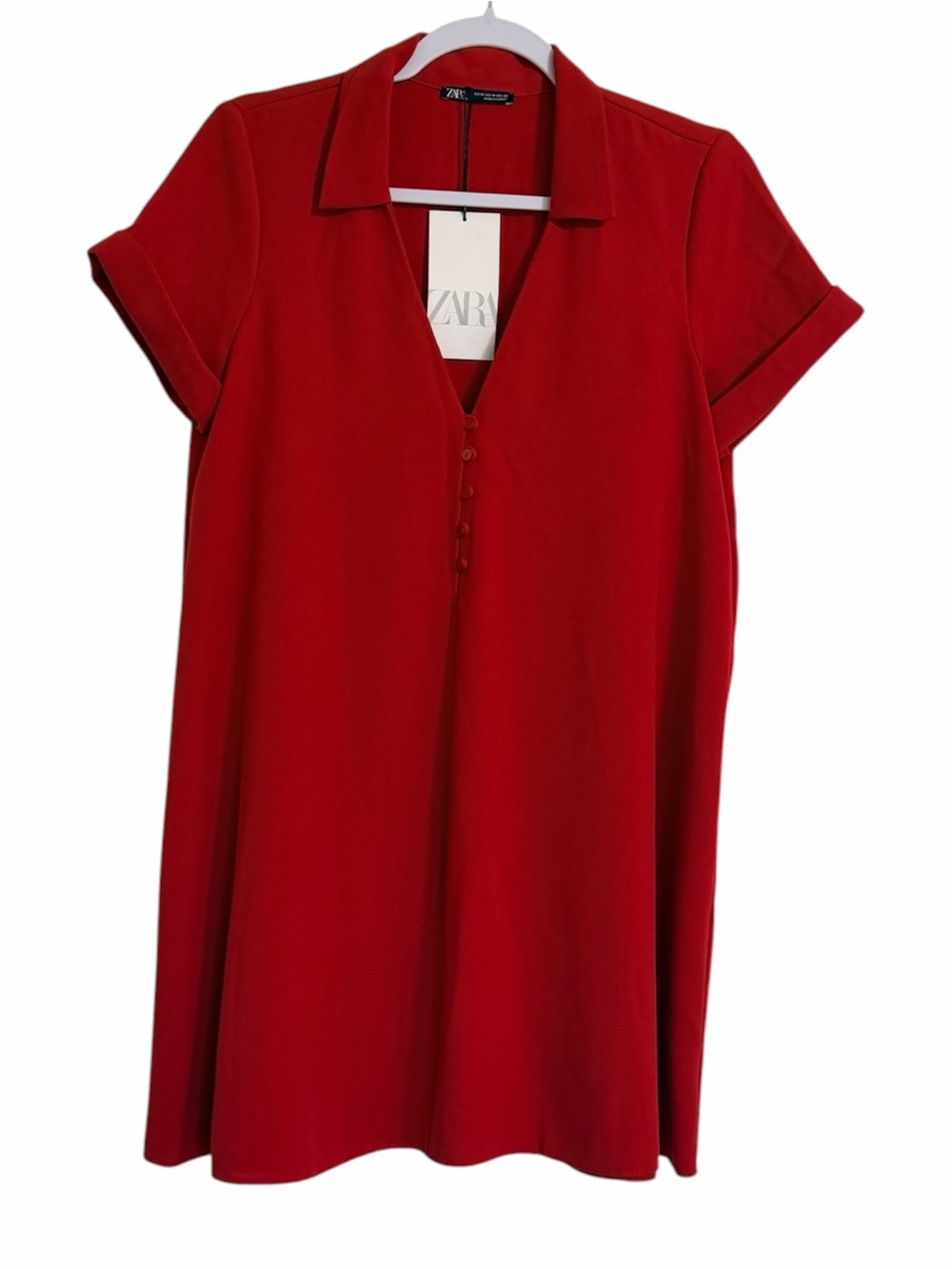 Zara Red Short-Sleeve V-Neck Shift Dress